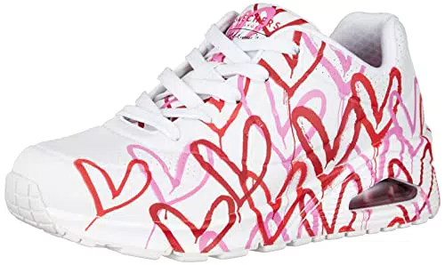 Skechers Damen UNO Spread The Love Sneakers, White W Red and Pink Heart Print Durabuck/M