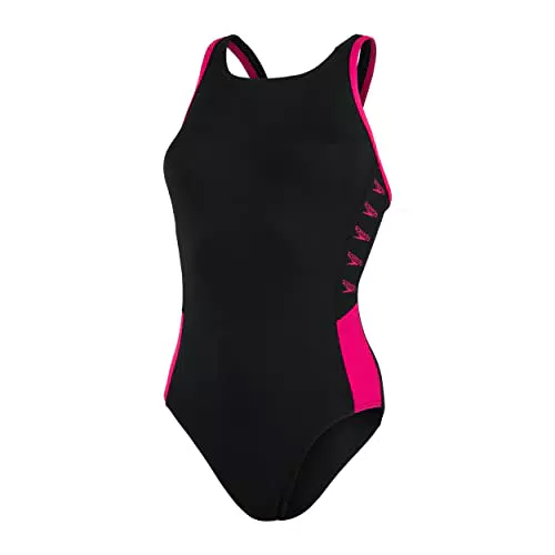 Speedo Damen Boom Logo Splice Muscleback Badeanzug, Schwarz/Electric Rosa