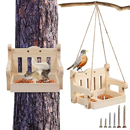 SUNYOK Holz Futterstation für Vögel Eichhörnchen Futterspender Vogelfutterstation zum Aufhängen Zweizweck Holz Futterstelle hochwertige Futterkasten 23x18x17 cm