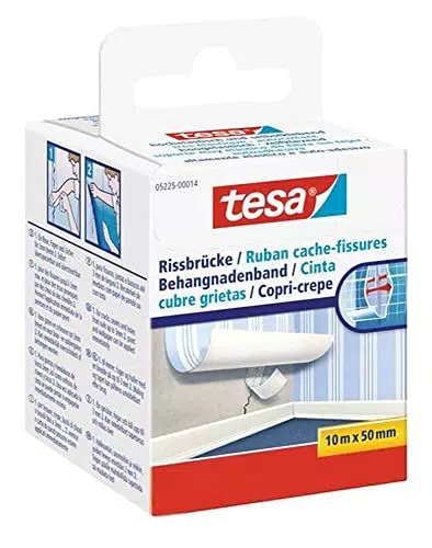 tesa Rissbrücke - Hochelastisches, selbstklebendes Reparaturband zum Überdecken von Bohrlöchern und Rissen im Putz - ganz ohne Spachteln - 10 m x 50 mm