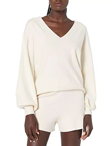 The Drop Damen Mia superweicher Pullover mit V-Ausschnitt und Glockenärmeln