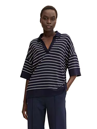 TOM TAILOR Damen Poloshirt mit Streifen 1032722, 30468 - Navy Offwhite Stripe