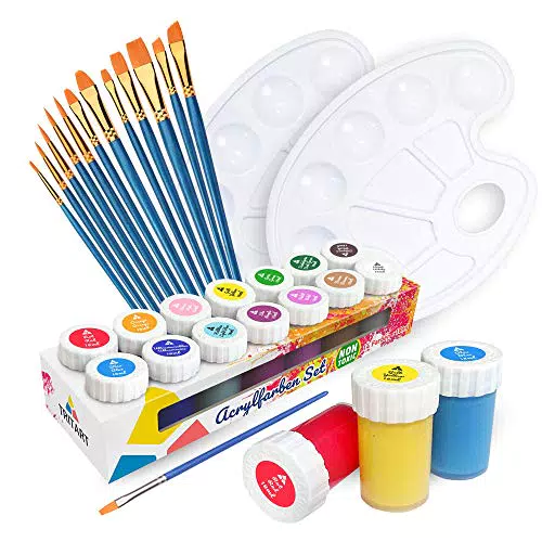 Tritart Acrylfarben Set für Kinder und Erwachsene mit 12 Pinsel und 2 Mischpaletten