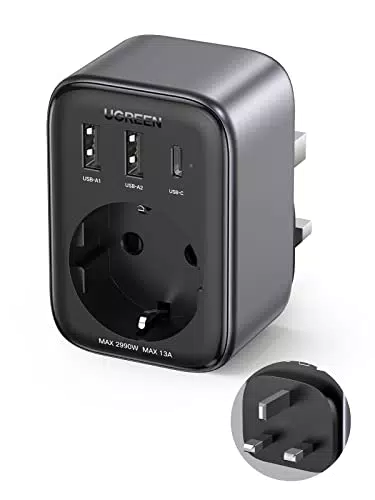 UGREEN Adapter England Deutschland Stecker 30W Reiseadapter UK Adapter mit USB C Schnellladung 4-in-1 Reisestecker GaN für Irland Schottland Dubai Malediven kompatibel mit iPhone 15 Pro Max/15/14