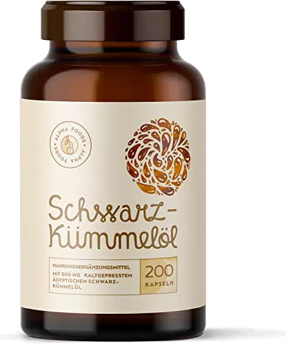 Vegane Schwarzkümmelöl Kapseln - 200 Softgel Kapseln - Alpha Foods - 500 mg kaltgepresstes Schwarzkümmelöl - Ohne tierische Gelatine
