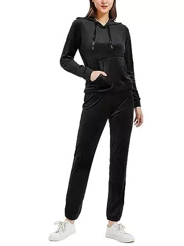 Woolicity Damen Trainingsanzug Hausanzug Set Jogginganzug Velours Sportanzug Samt Freizeitanzug Zweiteiler Kapuzenpullover und Hose Schwarz XL