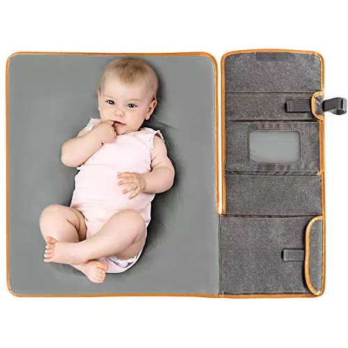 Zamboo Tragbare Baby Wickelunterlage für unterwegs - Faltbare Reise Wickeltasche mit abwaschbarer Wickelauflage 60x50 cm und Befestigung für Kinderwagen - Melange Grau
