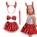 4 Stück Teufel Kostüm Kind Teufel Kostüm Kind Kinderkostüm Set Horn Haarreif Fliege Schwanz Rot Tutu Mädchen Cosplay Zubehör für Halloweenparty Maskerade Karneval Fasching