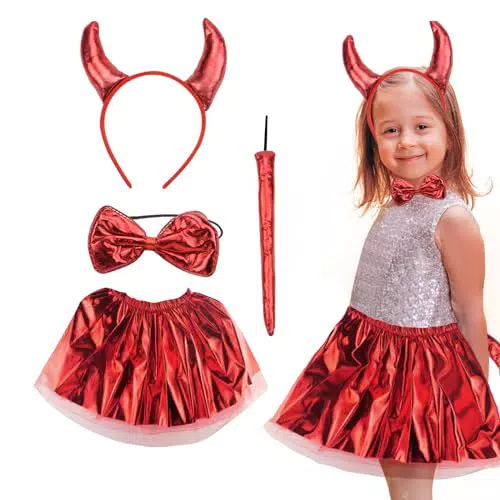 4 Stück Teufel Kostüm Kind Teufel Kostüm Kind Kinderkostüm Set Horn Haarreif Fliege Schwanz Rot Tutu Mädchen Cosplay Zubehör für Halloweenparty Maskerade Karneval Fasching