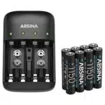 ABSINA Akku Ladegerät AA AAA & 9V Block inkl. 8X AAA 1150 Akkus - NiMH Ladegerät Akku Batterien 4-Fach für aufladbare Batterien - Batterien wiederaufladbar mit Ladegerät - Batterie Ladegerät Set
