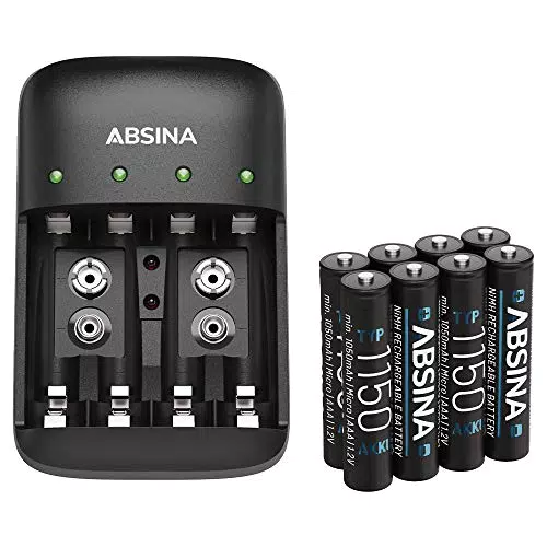 ABSINA Akku Ladegerät AA AAA & 9V Block inkl. 8X AAA 1150 Akkus - NiMH Ladegerät Akku Batterien 4-Fach für aufladbare Batterien - Batterien wiederaufladbar mit Ladegerät - Batterie Ladegerät Set