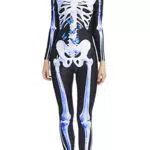 AIDEAONE Halloween Kostüm Damen Skelett Bodysuit Jumpsuit Knochen Skeleton Anzug Karneval Fasching L