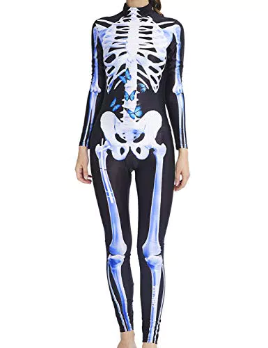 AIDEAONE Halloween Kostüm Damen Skelett Bodysuit Jumpsuit Knochen Skeleton Anzug Karneval Fasching L