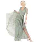 Anaya with Love Damen Ladies Maxi Dress Women V Neckline Short Sleeve Frilly Long Empire Waist for Wedding Guest Bridesmaid Maid of Honour Kleid