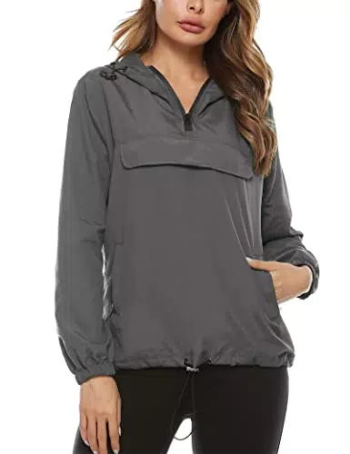 Aottori Damen Regenjacke Leichte Kurze Jacke Atmungsaktiv Futter Herbst Wasserdichte Übergangjacken mit Kapuze Grau XL