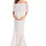 AYMENII Damen Mutterschaft Fotografie Schulterfrei Spitze Meerjungfrau Kleid mit Zug Hochzeit Party Fotoshooting Baby Shower Kleid Gr. S