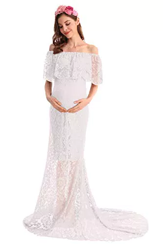AYMENII Damen Mutterschaft Fotografie Schulterfrei Spitze Meerjungfrau Kleid mit Zug Hochzeit Party Fotoshooting Baby Shower Kleid Gr. S