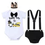 Baby Jungen Halber 1/2. Geburtstag Outfit Baumwolle Kurzarm Body Strampler Hosenträger Shorts Mini Krone Hut Fotoshooting Kostüme 6 Monate Party Cake Smash Bekleidungsset Schwarz - Half Way To One