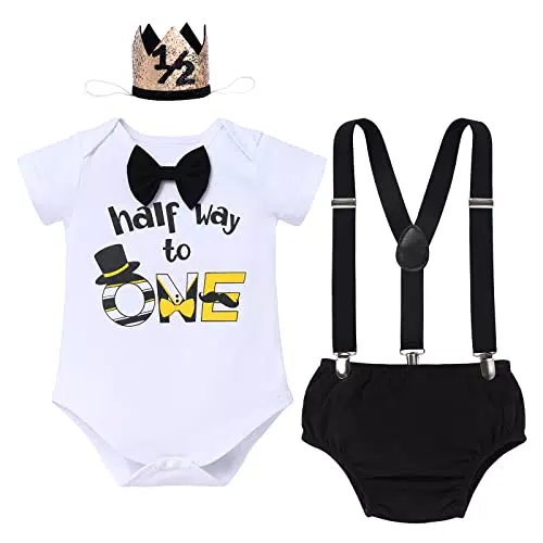 Baby Jungen Halber 1/2. Geburtstag Outfit Baumwolle Kurzarm Body Strampler Hosenträger Shorts Mini Krone Hut Fotoshooting Kostüme 6 Monate Party Cake Smash Bekleidungsset Schwarz - Half Way To One