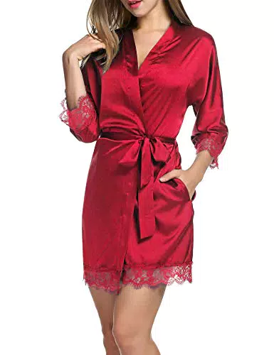 Balancora Morgenmantel Damen Kurz Kimono Braut Satin Nachthemd Damen Knielang Kurz Hausmantel Nachtmantel Rot