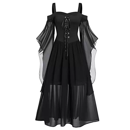 Ballkleider Damen Lang Halloween Abend Mittelalter Viktorianisch Partykleid Fledermausärmel Maxikleid Elegant Schulterfrei Trägerkleid Lange Festkleid Leichte Festliche Kleider