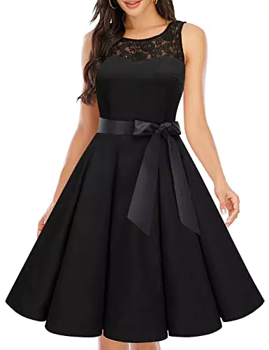 bbonlinedress 1950er Ärmellos Vintage Retro Spitzenkleid Rundhals Abendkleid Black L