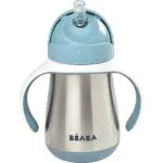 BÉABA - Trinklernbecher - 2 in 1 Babyflasche - Kindertasse mit Strohhalm - 100% dicht - Leicht zu öffnen - Abnehmbare Griffe -Tritan und Silikon - 250 ml - Blue
