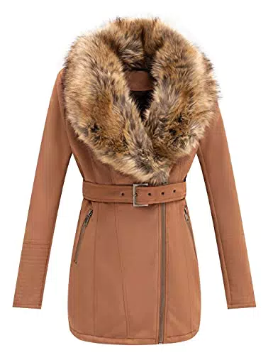 BELLIVERA Damen Lederjacke Winter Warm Moto Bikerjacke Wildleder Langer Mantel mit Abnehmbarem Pelzkragen 7922 Kamel XL
