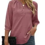 Bequemer Laden Damen V-Ausschnitt 3/4 Ärmel Bluse Knopfleiste Chiffon Tunika Casual Swiss Dot Oberteile Tshirt Tops für Sommer und Frühling 2023