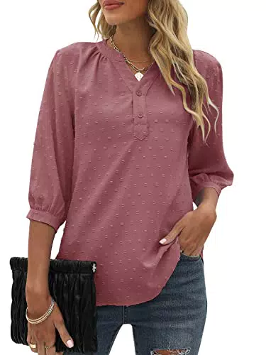 Bequemer Laden Damen V-Ausschnitt 3/4 Ärmel Bluse Knopfleiste Chiffon Tunika Casual Swiss Dot Oberteile Tshirt Tops für Sommer und Frühling 2023