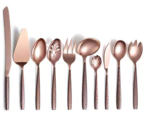 Berglander Besteck Servierset 10 Stück mit Mondoberfläche Griff und Roségold Mund Titanbeschichtung
