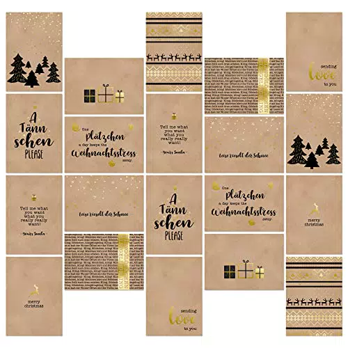 bigdaygraphix Weihnachtskarten Set GOLD - Postkarten 10 Motive & Sprüche - 20 Stück - A6 Kraftpapier - Coole Weihnachtspostkarten mit und ohne Sprüche