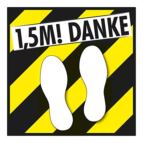 Bodenschild/Sicherheitsschild als Wartepunkt „1.5 Meter - Danke“ rutschfest Weiß/Gelb/Schwarz