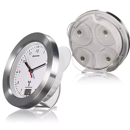 Bresser 8020114 Bad Wanduhr MyTime Bath mit Temperaturanzeige und Funkuhr mit gebürstetem Aluminiumrahmen