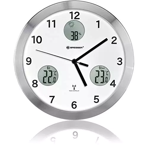 Bresser Funkuhr Wanduhr MyTime io, 30cm große Wanduhr mit geräuschlosem Funkuhrwerk mit Innen- und Außentemperatur + Luftfeuchtigkeitsanzeige