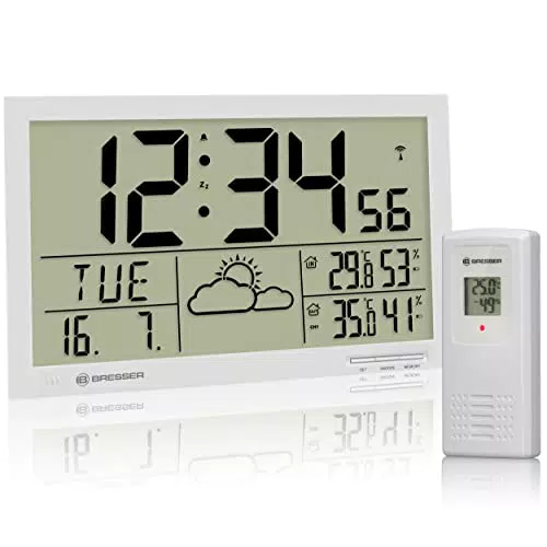 Bresser Wetterstation Funk mit Außensensor MyTime Jumbo LCD Wetter Wanduhr mit Außensensor und extra großen Ziffern für Tisch und Wandmontage