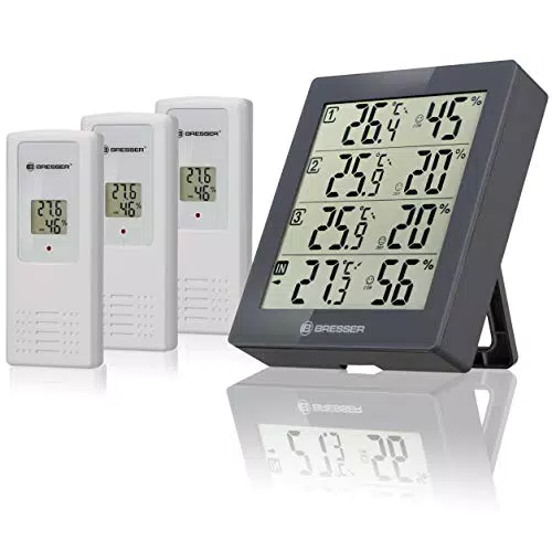 Bresser Wetterstation Funk mit Außensensor Temeo Hygro Quadro inklusive 3 Außensensoren um bei 4 Umgebungen gleichzeitig Temperatur und Luftfeuchtigkeit zu messen und zu kontrollieren