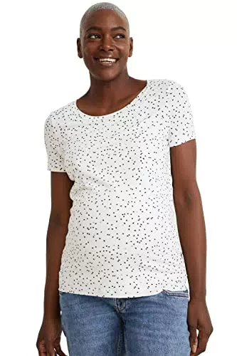 C&A Damen Gepunktet T-Shirt Umstandsmode Rundhalsausschnitt Kurzärmelig weiß L
