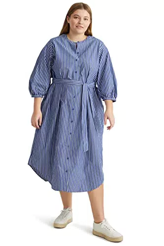 C&A Damen Kleid Große Größen Rundhalsausschnitt Midi Loose Fit Kleider blau/weiß 58