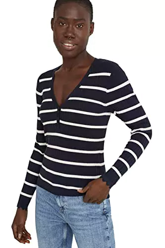 C&A Damen Pullover V-Ausschnitt Nylon|Viskose Streifen dunkelblau/weiß XL