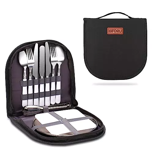Camping Besteck Set, Outdoor Reisebesteck mit Gabeln Löffel Messer Flaschenöffner Teller und ideal für Outdoor Kochgeschirr Reisen Wandern Camping Perfekt für 1-2 Personen