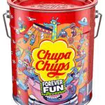 Chupa Chups Best of Lollipop-Eimer, enthält 150 Lutscher in 5 Geschmacksrichtungen in der Pop-Art Metall-Dose