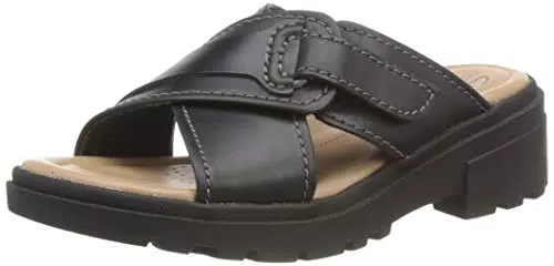Clarks Damen Coast Cross Slide Sandal, Black Leather