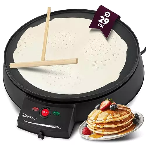 Clatronic Crepes Maker für Crepes mit Ø 29cm, Crepe Maker inkl. Teigverteiler und antihaftbeschichter Oberfläche