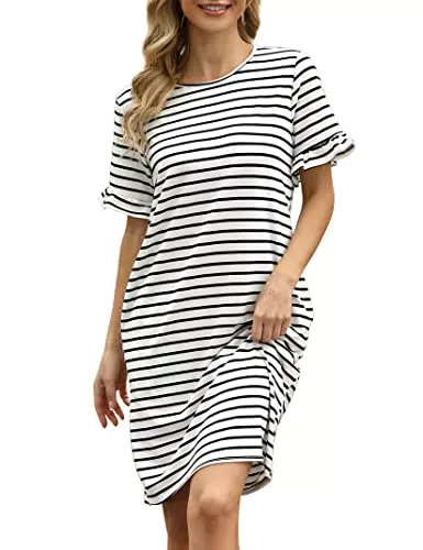 Clearlove Damen Sommerkleid T-Shirt Kleid Casual Tunika Swing Kleid Streifen A-Linie Kurzarm Rundhals Freizeitkleid in Übergröße