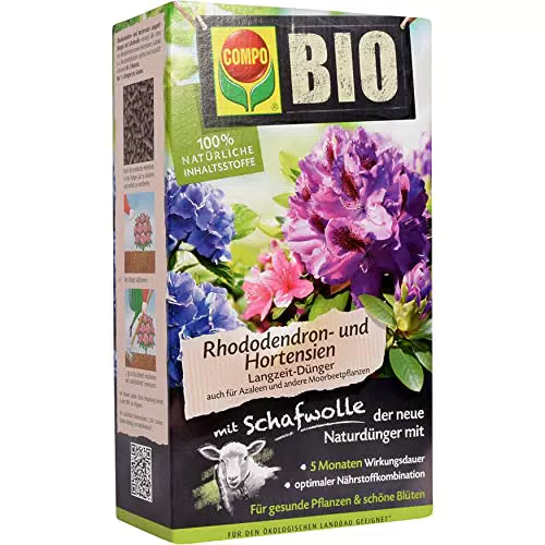 COMPO BIO Rhododendron- und Hortensiendünger, Pflanzen-Dünger für alle Rhododendren und andere Moorbeetpflanzen