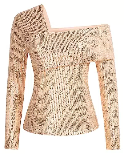 Damen Elegant Cocktail Bluse One-Shoulder-Shirt mit Asymmetrischer Ausschnitt Tunika Enge Passform Vintage Gold XL