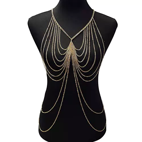 Damen Sexy Körperkette Körperschmuck Gold, Bikini Strand Kette Sexy BH Kette für Frauen Dame Mädchen