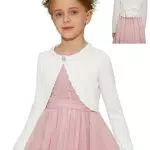Danna Belle Mädchen Bolero 104 Kinder Strickjacke 110 Cardigan mit Schleife aus Samt dran Festlich Kommunion Tauf Hochzeit Einschulung reines Weiß 4-5 Jahre