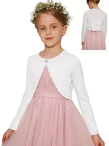 Danna Belle Mädchen Bolero 104 Kinder Strickjacke 110 Cardigan mit Schleife aus Samt dran Festlich Kommunion Tauf Hochzeit Einschulung reines Weiß 4-5 Jahre